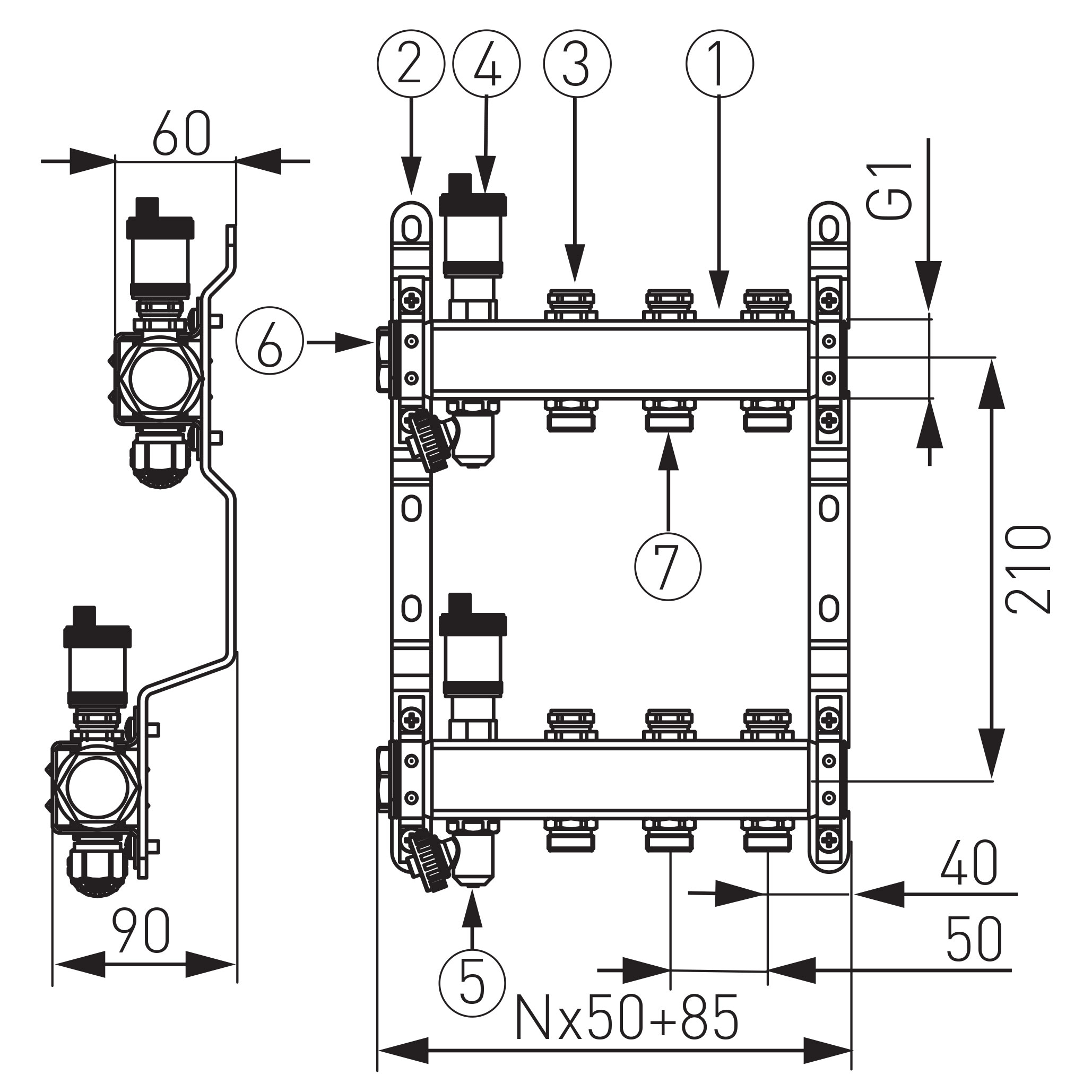 Stainless steel manifold with shut-off valves, 5 ways